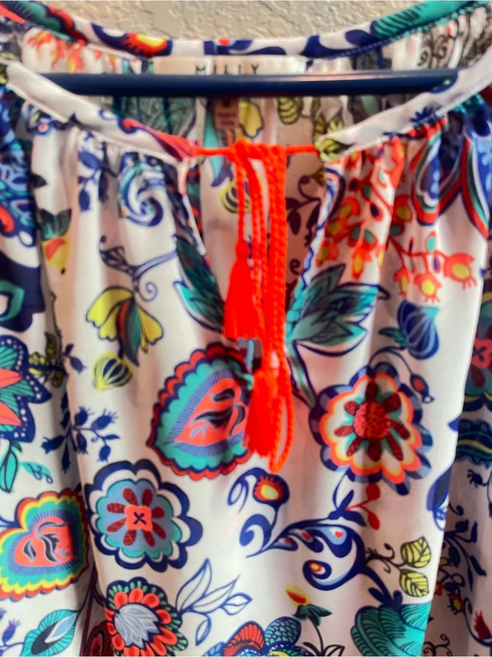 Milly White Floral Boho Sheer Blouse with Multicolor Print and Coral Tassel
